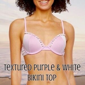 Pinkish-Purple & White Bra-Style Raised Texture Stripes Pom Pom Bikini Top